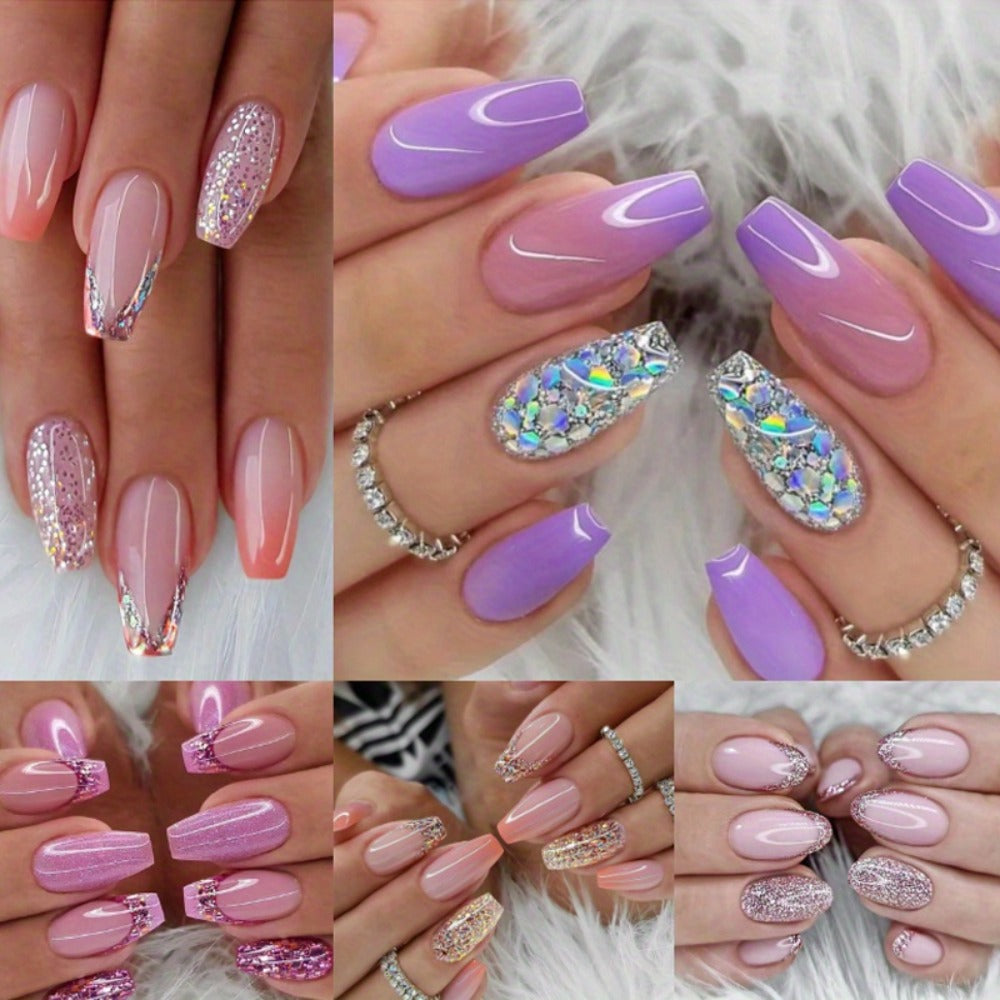 5pcs 120pcs Sparkling Glitter Coffin Nails - Medium Length with Sequins Designs Durable Glossy Pinkish Purple Acrylic - Full Cover False Nails for Women-Easy Press-On, Secure Glue-On,  Nail Art, Press On Manicure, Beauty Lovers