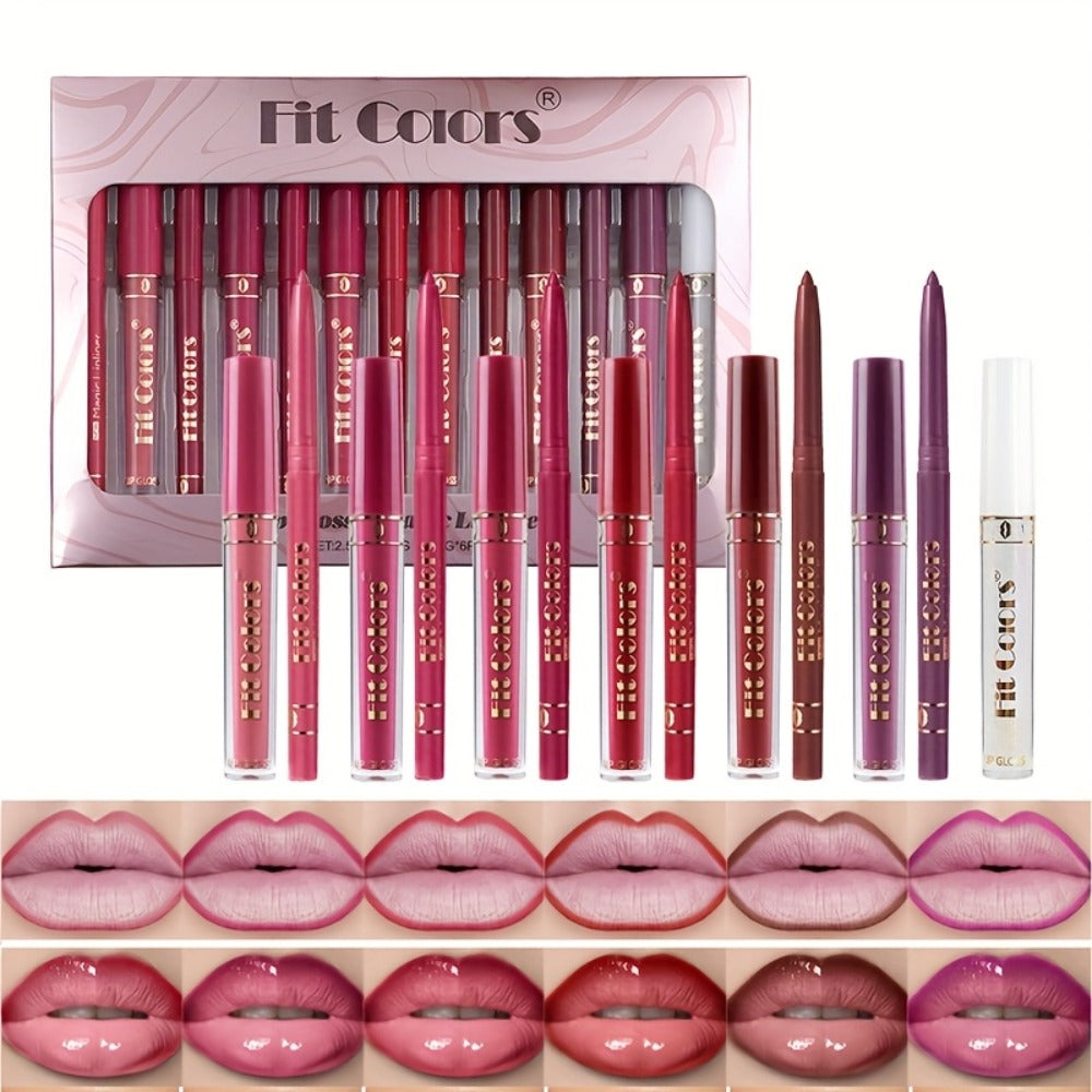 Lip Gloss and Lip Liner Set 13-Piece Matte Non-Stick Waterproof Long-Lasting Moisturizing Lip Glaze Combo Kit Beauty Gift for Women