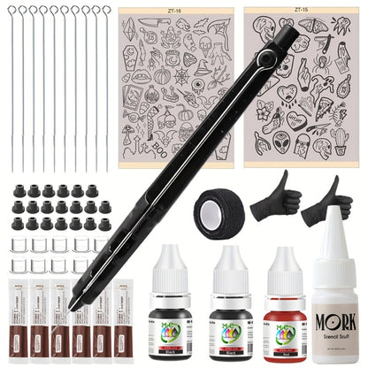 DIY Tattoo Supplies Kit for Beginners - A4 Transfer Paper with Patterns Stylus Ink Pen Needles Black Red Ink Transfer Gel No Electricity No Drawing Required