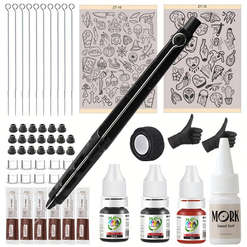DIY Tattoo Supplies Kit for Beginners - A4 Transfer Paper with Patterns Stylus Ink Pen Needles Black Red Ink Transfer Gel No Electricity No Drawing Required
