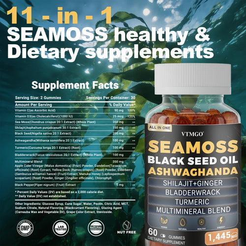 (1/2/3 Bottles)-Sea Moss&Shilajit, Black Seed Oil, Ashwagandha, Ginger, Gummies With Elderberry, Chlorophyll, Turmeric, Bladderwrack 1445Mg, Health, Natural, Antioxidant, Happiness, . 60 Gummies