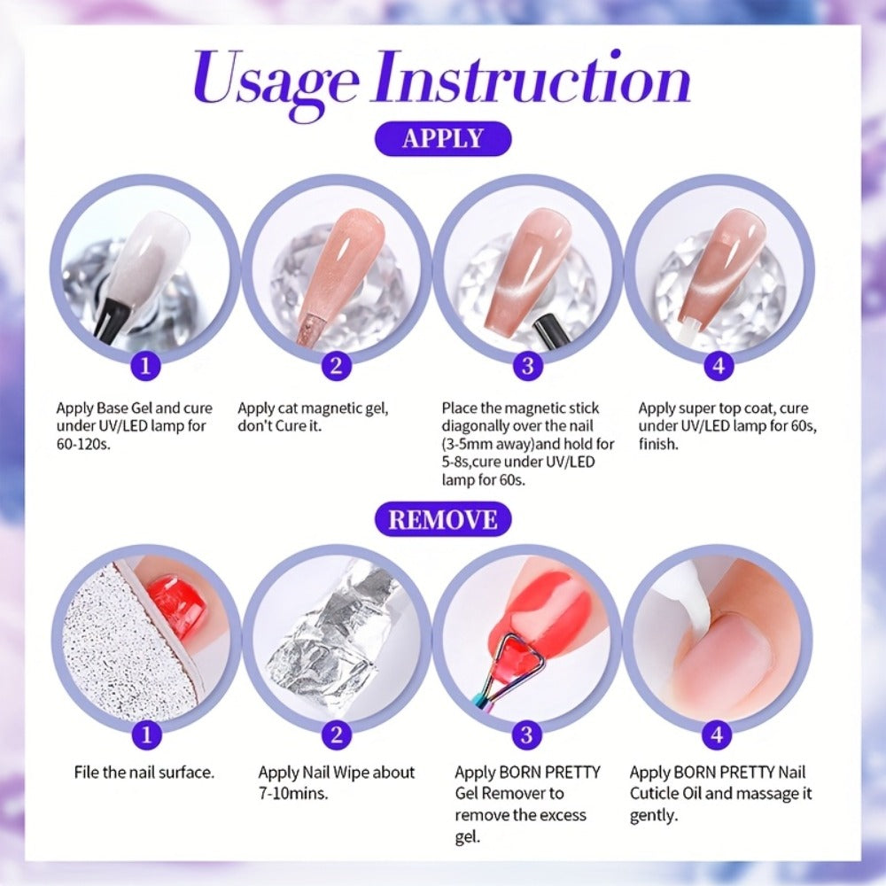 BORN PRETTY 0.34oz Blueberry Glitter Cat Magnetic Gel Nail Polish Glass Beaded Purple Blue Sparkling Semi-Permanent Gel Varnish
