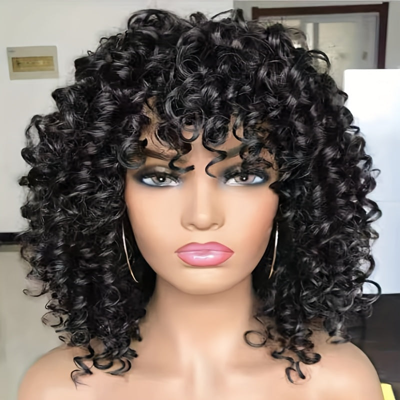 Elegant Women Short Afro Kinky Curly Synthetic Ombre Brown Wig with Bangs, High Temperature Fiber, Elastic Cap, for Daily Wear