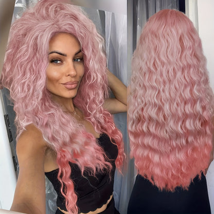 Ombre Curly Wig Long Wavy Synthetic Wig Women 30 Inch Middle Part Dark Roots Ash Blonde Brown Gradient Orange Natural Look Party Halloween Daily Wear