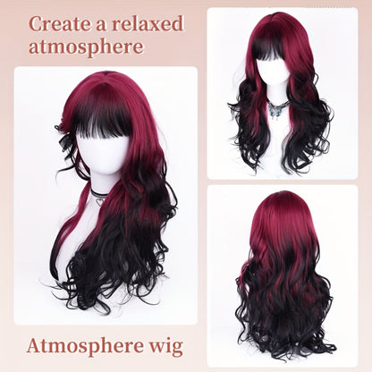 Long Curly Wavy Wig 28 Inch Synthetic Black Red Highlights for Women Rose Net Cap Cosplay Party Daily Wear Glamorous Voluminous Hair