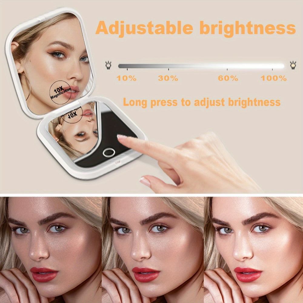 LED Compact Travel Makeup Mirror with Light 10X 1X Magnification, Rechargeable Pocket Mirror 3 Color Modes Adjustable Brightness, 2-Sided Folding Purse Mirror Gift for Women Mom
