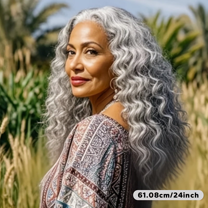 24 Inch Curly Wig Long Synthetic Wigs for Women Grey Deep Wave Synthetic Curly Wig Comfortable Fit Easy to Manage No Glue Required Suitable for Casual Attire, Role Play, And Holidays