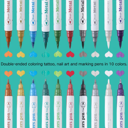 Temporary Tattoo Pen Set 10 Double-Ended Pens — 114 Templates, Butterfly Stickers, Waterproof Sweat-Resistant DIY Body Painting Kit for Parties, Festivals & Gifts
