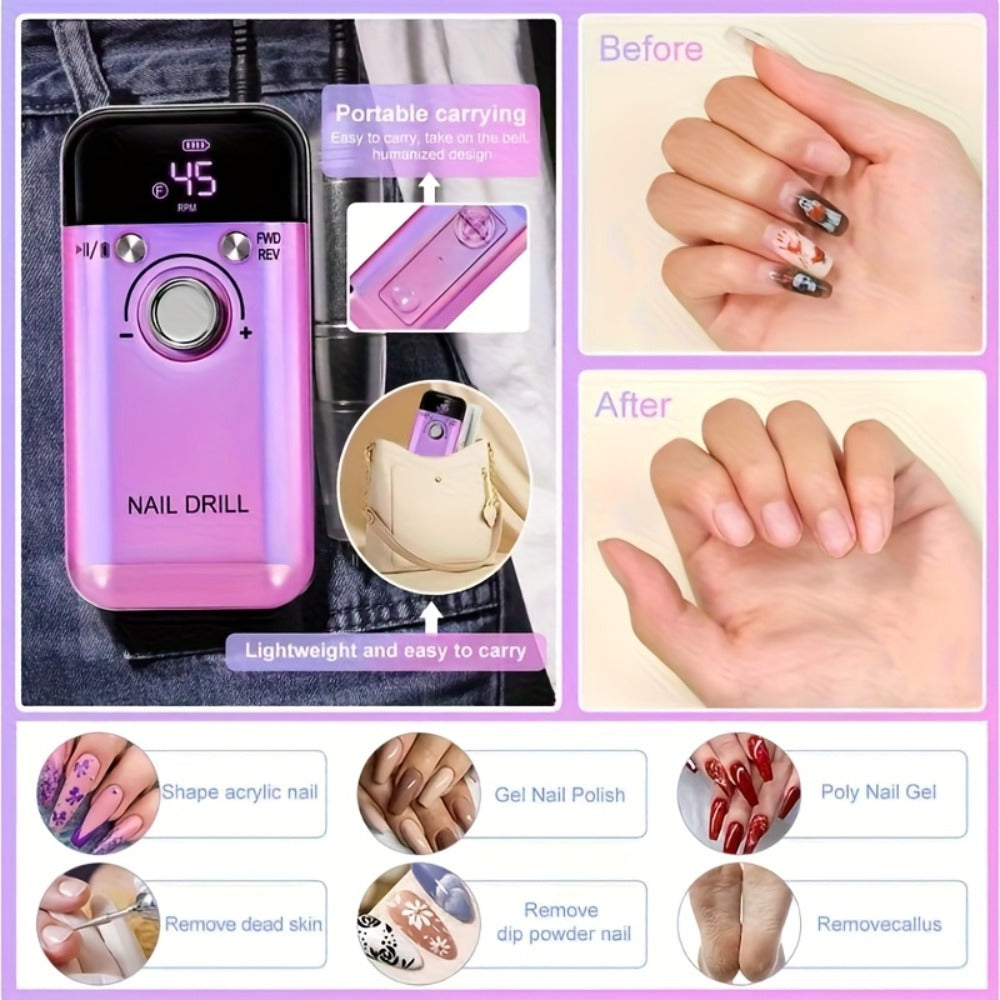 Professional E- for nail Drill 45000 RPM Rechargeable Electric for nail File Kit Portable&Low Noise for nail Drill Manicure Pedicure Tools Polishing Set With for nail Drill Bits Sanding Bands For Nail Salon&Perfect Holiday Gifts For Women