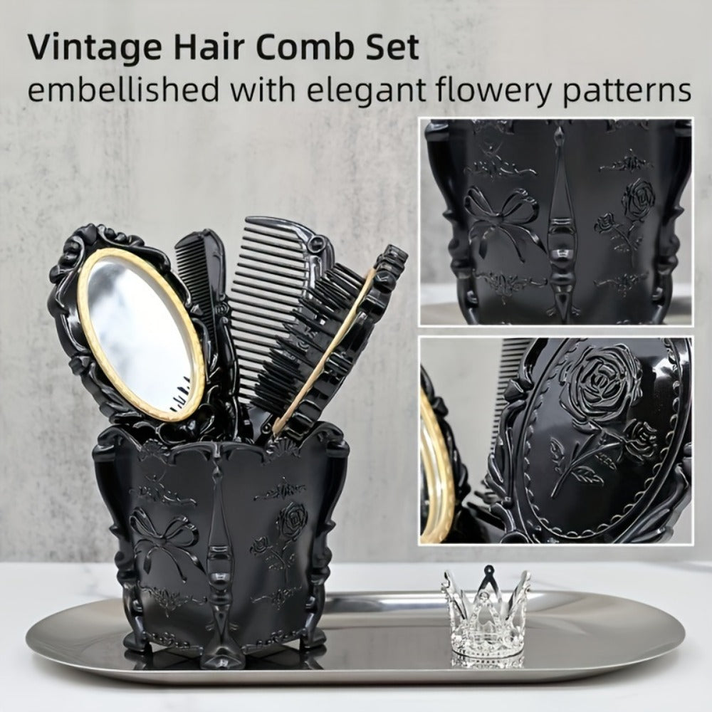 Black Mirror Comb Set, Scalp Massage Hairbrush with Mirror, Retro Hair Comb, Makeup Hair Comb