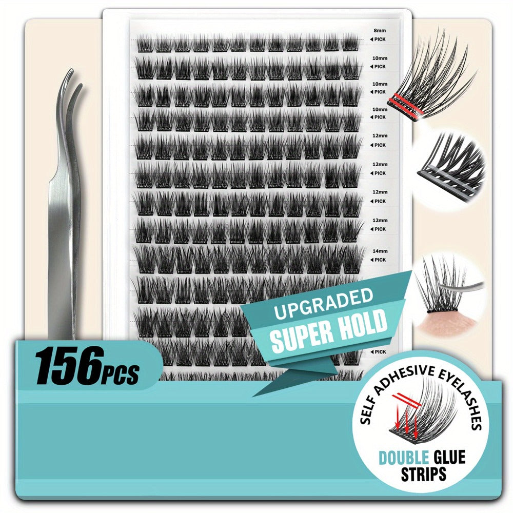Self Adhesive Eyelashes, 156pcs Self Adhesive Eyelash Clusters, No Glue Needed, Invisible 2-Strip Tape - Longer Lasting, No Sticky Residue Pre Glued Eyelashes (Volume-Mixed)