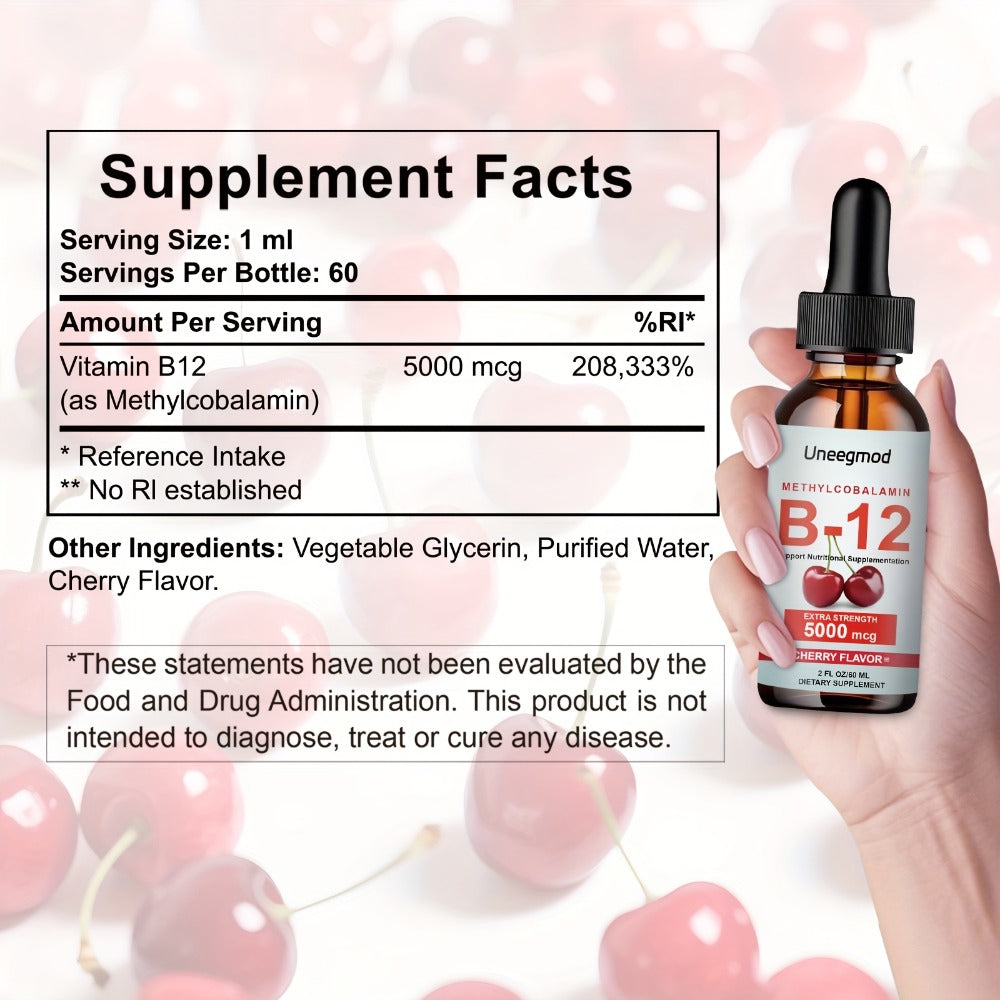 Uneegmod Vitamin B12 Liquid Drops 5000 Micrograms Cherry Flavor Sublingual B12 Drops Methylcobalamin Liquid Supplement Suitable for Both Men And Women 2 Fluid Ounces