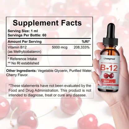 Sublingual Vitamin B12 Liquid Drops 5000mcg Methylcobalamin — Fast-Absorbing Cherry Flavour B12 Supplement for Energy Nerve & Brain Health Sugar-Free for Women and Men 2 fl oz