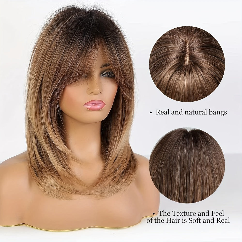 Synthetic Wig Hat with Layered Bangs – Rose Net Cap Matte Finish Heat Resistant Fiber Wig for Women, Natural Looking Dark Brown Long Hair, Comfortable Everyday Style, 18 Inch
