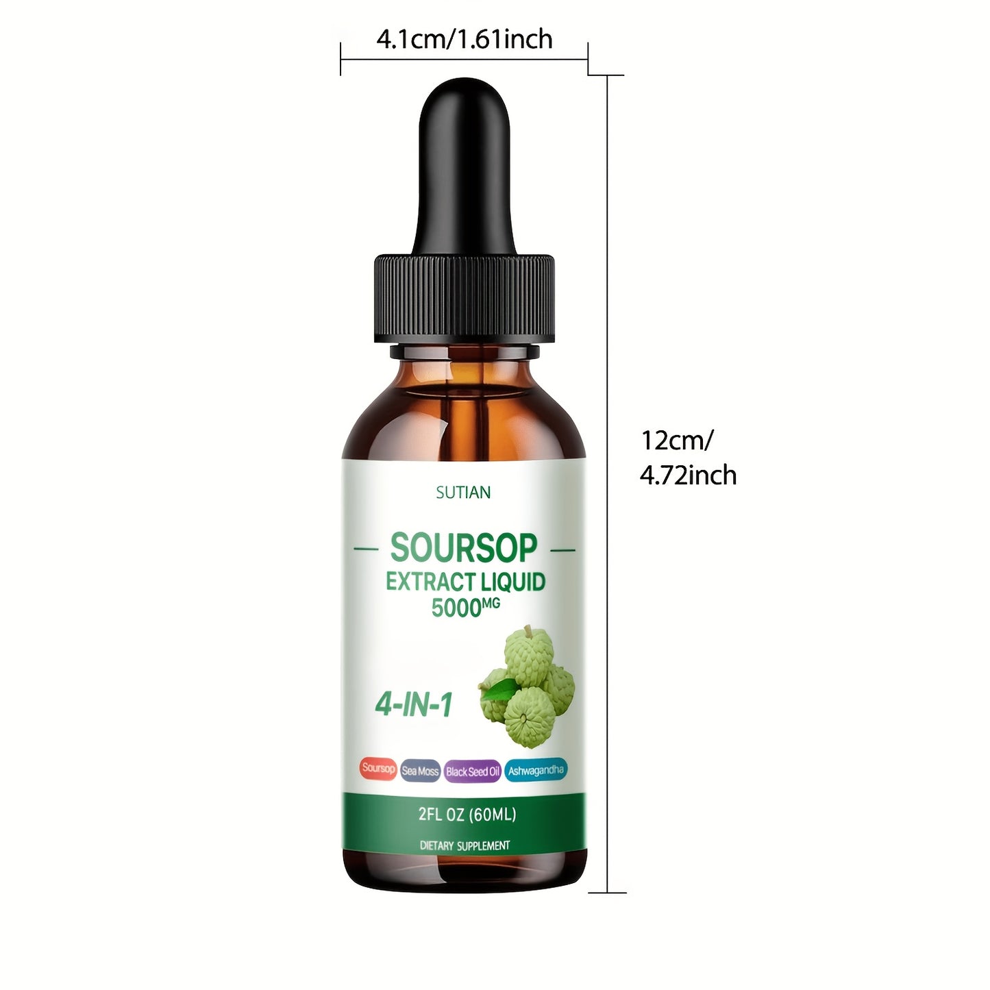 Soursop Liquid Drops 4-in-1 Bitter Concentrate with Black Seed Oil, Ashwagandha & Seaweed | High-Purity Extraction Immune & Antioxidant Support Supplement | 2 fl oz | 1 or 2 Bottles