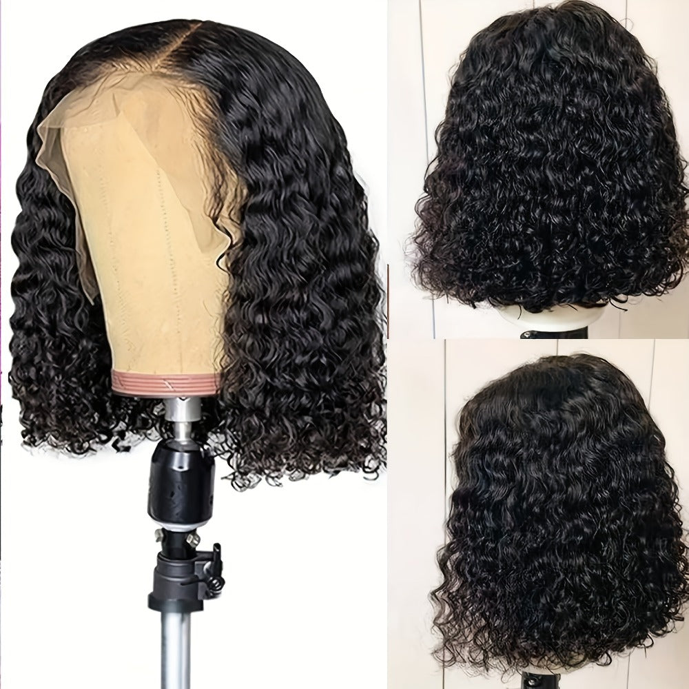 Water Wave Lace Front Wig Deep Curly Short Bob 14 Inch for Women 150% Density Rose Net Cap Adjustable Glueless Black Daily Cosplay Costume Party