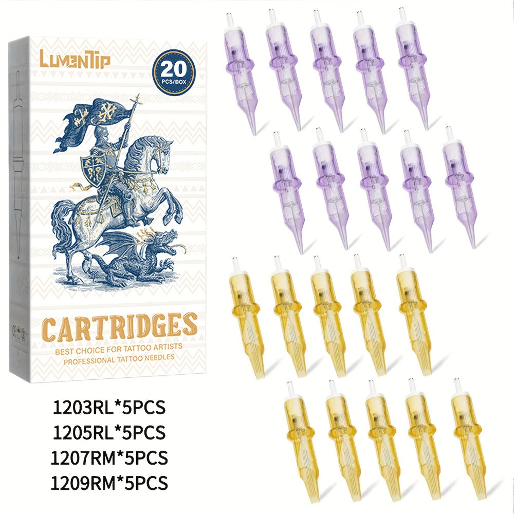 Tattoo Cartridge Needles 50pcs Mixed #12 — Lumentip RL RS RM M1 Stainless Steel, Safety Membrane, Fits All Tattoo Machines & Pens, for Artists & Beginners