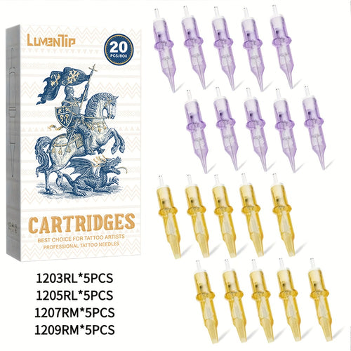 Tattoo Cartridge Needles 50pcs Mixed #12 — Lumentip RL RS RM M1 Stainless Steel, Safety Membrane, Fits All Tattoo Machines & Pens, for Artists & Beginners