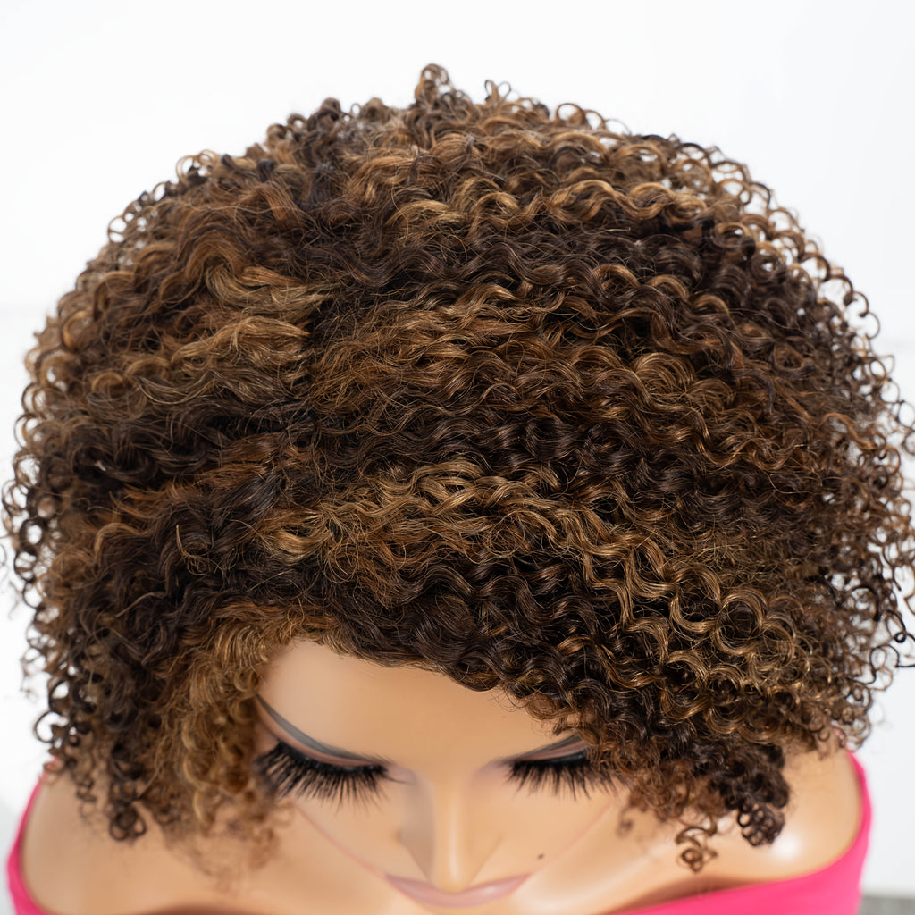 Highlight Short Kinky Curly Human Hair Wigs with Bangs Easy Wear Glueless Wig Brazilian Remy Short Curly Bangs Wig Human Hair for Women