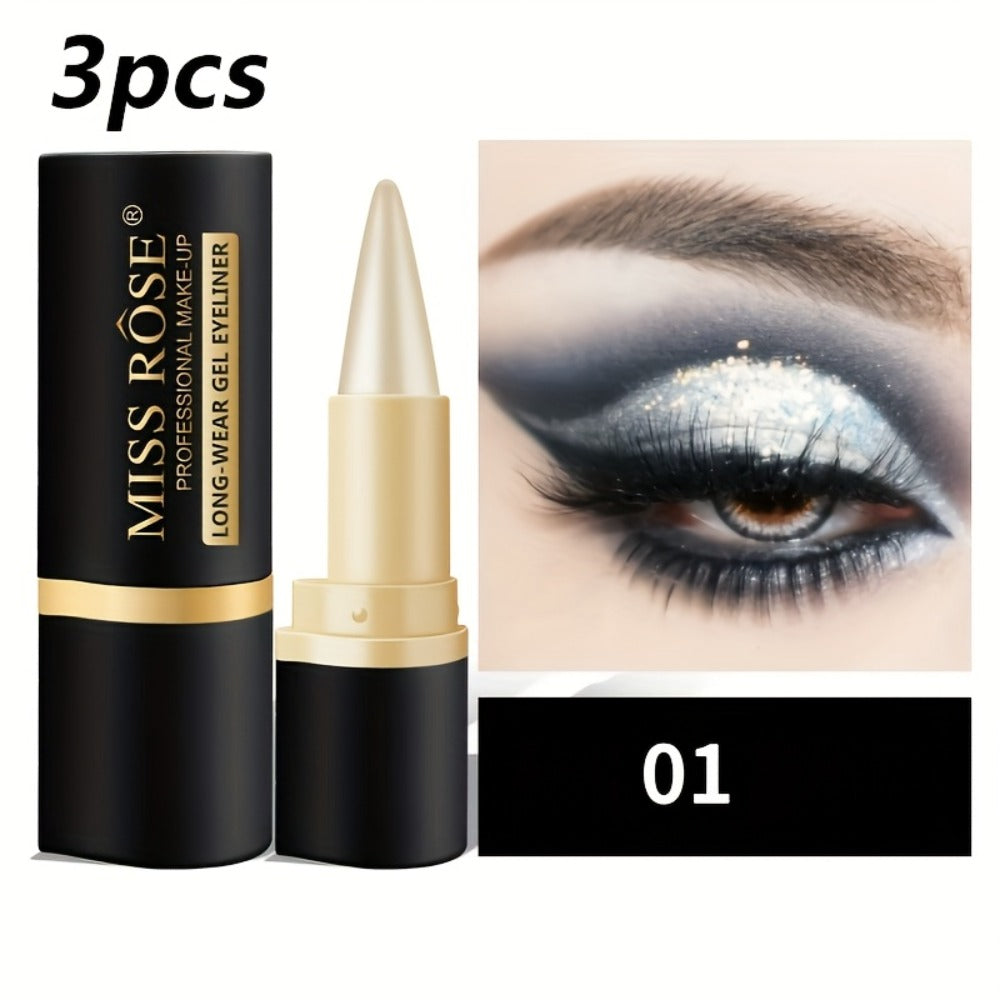 Matte Eyeliner Gel Pencil 3pcs Black Waterproof Long-Lasting Smudge-Proof Creamy Single Tip Eye Liner Sweat-Resistant Gentle Skin Professional Eye Makeup Women