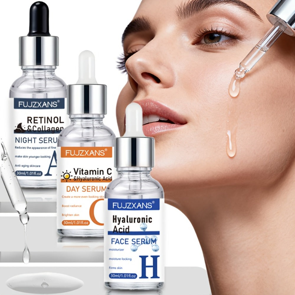 Day & Night Retinol+Vitamin C+Hyaluronic Acid Serum Set for Face skincare ; make Light Beige younger-looking ; Deep Hydration ; Moisturizing Facial Essence kit for Women