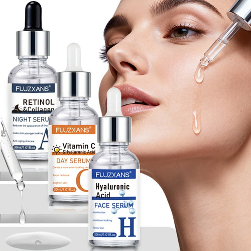 Retinol & Vitamin C Face Serum Set with Hyaluronic Acid - Day & Night Anti-Aging Brightening Deep Hydration Collagen Facial Essence Kit for Women 3pcs x 30ml