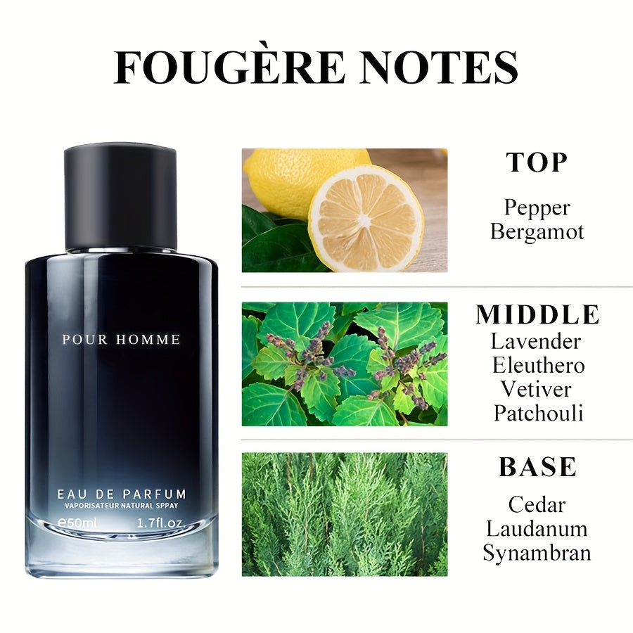 50ml/1.7fl.oz Men's Eau De Parfum - Fougere Scent with Pepper, Lavender & Cedarwood Notes, Long-Lasting Freshness for Daily Wear & Dating, Paraben-Free, Ideal Gift for Him, Dating Fragrance, Sophisticated Packaging, Premium Quality Scent