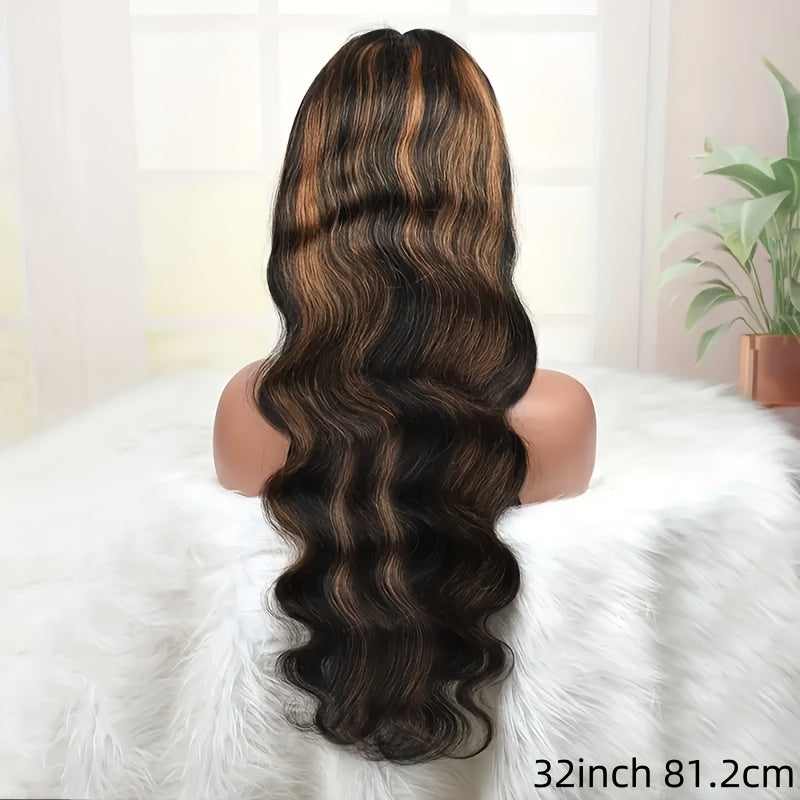 Human Hair Lace Front Wig 200% Density Brown Highlights — Pre-Plucked Glueless Long Wavy Black Brown Highlighted Wig, Heat Friendly 12"-32" Everyday Wear