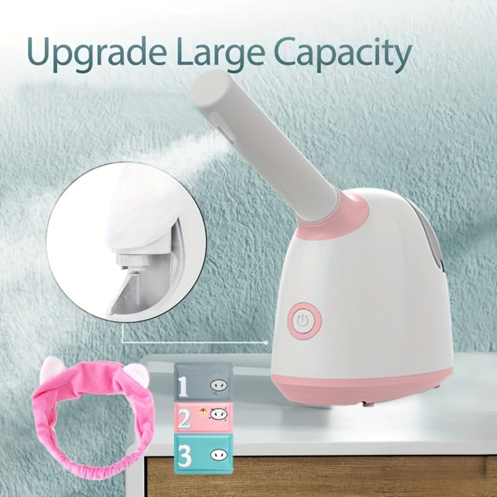 Nano Ionic Facial Steamer Deep Pore Cleansing Warm Mist Humidifier Vaporizer Home Sauna Spa Skin Moisturizing 3-in-1 Portable Large Tank Pink Gift for Women