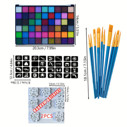 Face Body Paint Set 54 Colors — Matte, UV Fluorescent & Glitter Palette with Pattern Templates, Brushes & Tattoo Stickers for Sports, Cheerleading, Festivals & Parties