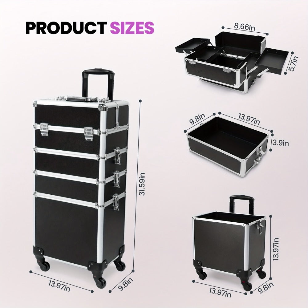 Black 4-In-1 Rolling Makeup Train Case with Makeup Sponges Set, Portable Cosmetic Trolley with Ample Storage for Professionals, Features 360° Swivel Wheels, Ideal for Salon And Travel Use