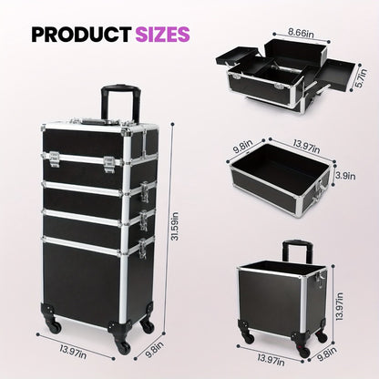 Cosmetic Trolley 4-in-1 Rolling Makeup Train Case Black - Large Professional Makeup Organizer with 360° Swivel Wheels Makeup Sponges Set Salon Travel Storage