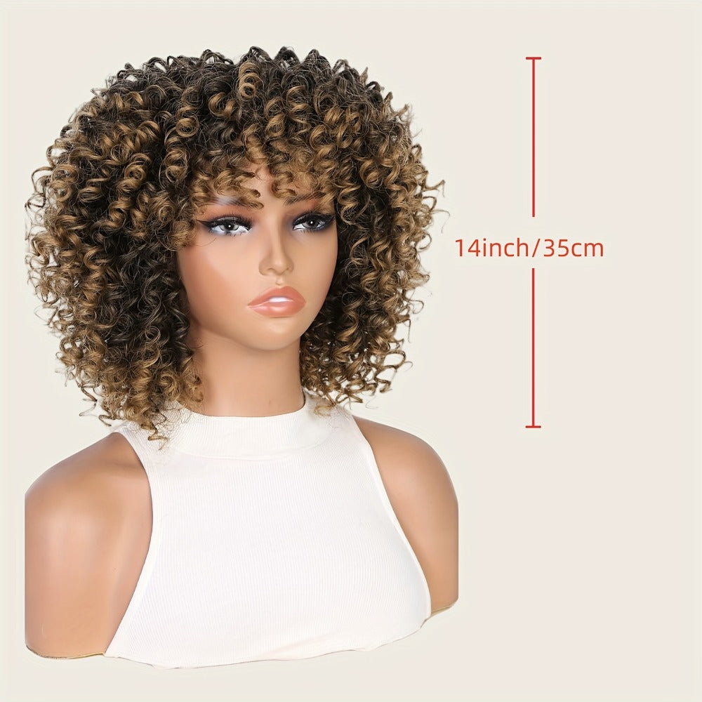 Afro Kinky Curly Wig for Black Women — Short Synthetic Wig with Bangs, 180% High Density, Natural Fluffy Curls, Stretch Cap, Daily Wear & Party, Fits All Head Sizes