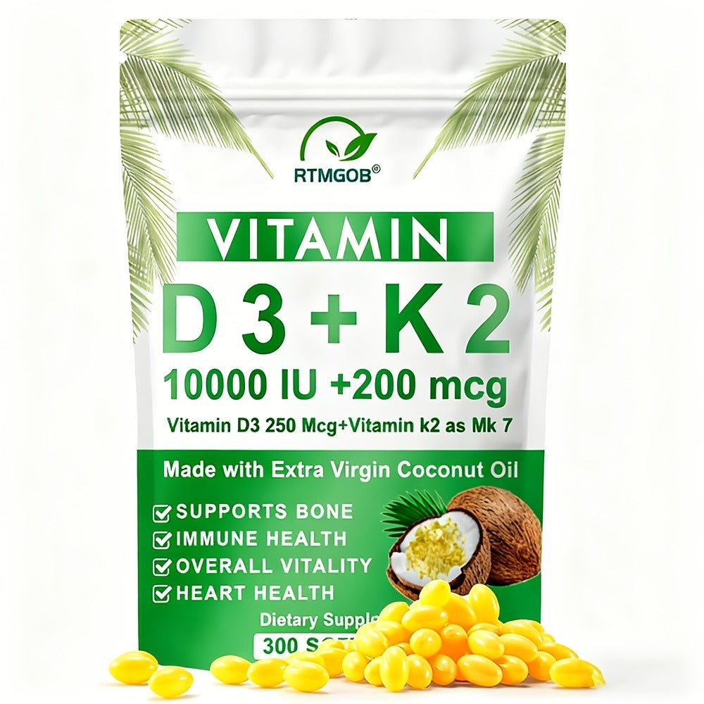 Vitamin K2 D3 Supplement, 10, 000 IU Vitamin D3 + 200 mcg Vitamin K2 MK7, Supports Bone, Immune Health, and Overall Vitality, 300 Softgels with Extra Virgin Coconut Oil