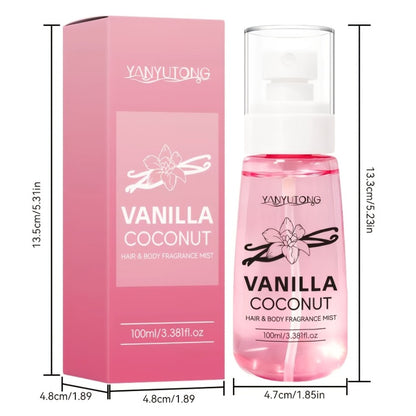 Coconut Vanilla Fragrance Mist Hair & Body Spray Alcohol-Free Vitamin E Argan Oil Glycerin Moisturizing Long-Lasting Floral Scent for Women 100ml Gift