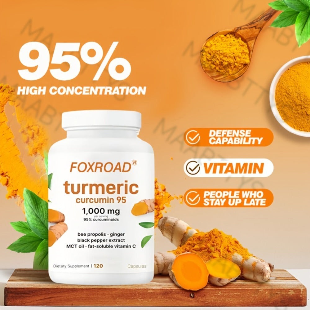 Capsules Containing Turmeric in a 6-In-1 Formula, Providing a 120-Day Supply with 120 Capsules, Featuring 95% Natural Active Curcumin, Abundant in Vitamin C And Probiotics! A Must-Have for Every Home And an Ideal Present!