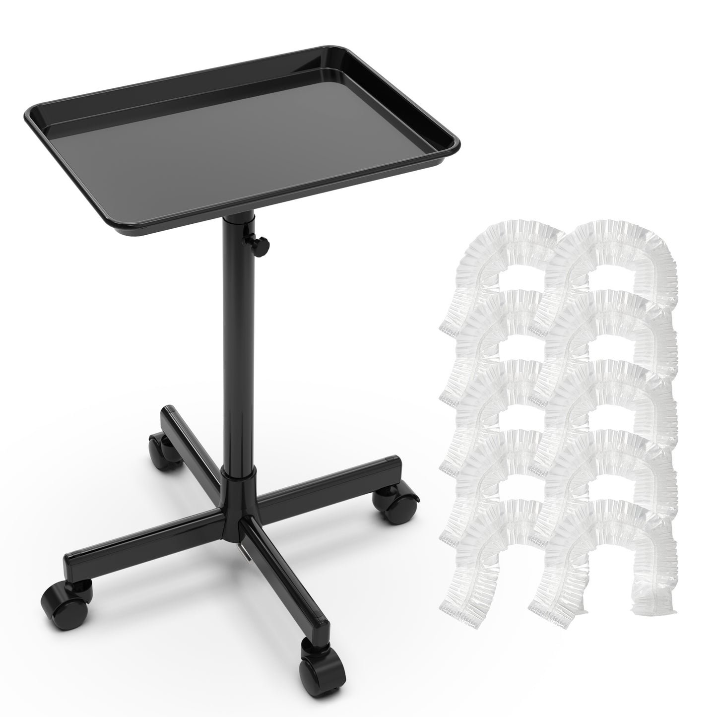 Rolling Salon Tray Cart Adjustable Height with 10 Disposable Covers - Dirt-Proof Mobile Utility Trolley for Tattoo, Spa, Salon, Clinic & Hairstylist, Stylish Black