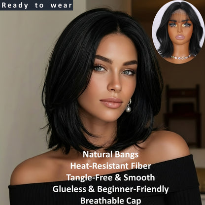 Bob Wig 4x1 U Part Lace Front Rose Net Cap - Middle Part Glueless Wig for Women Brown Highlights Milky White Black Pink 14 Inch