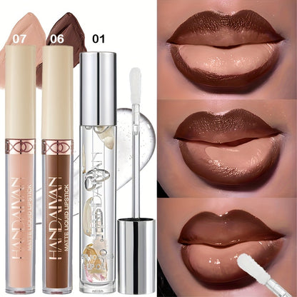 Lip Gloss Set 3pcs - Matte Lip Gloss, Lip Oil & Lip Liner Combo, Waterproof Long-Lasting Non-Sticky Velvet Finish, Mixed Shades for Party Festival Halloween Christmas Daily Makeup