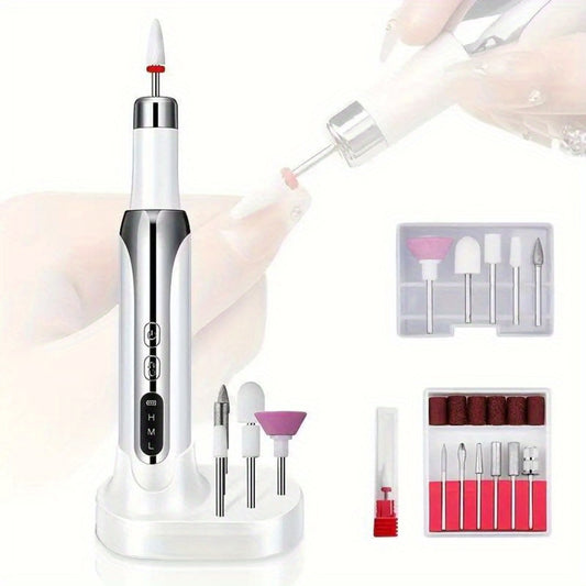 Electric Nail Drill, Cordless Nail Drill, Electric Nail File, USB Rechargeable Portable Nail Drill for Manicure Pedicure And Polishing, with 12 Nail Drill Bits And Sanding Bands, White