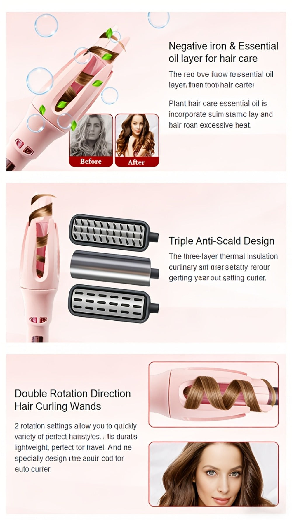 Automatic Rotating Curling Iron 4 Temperature Settings Negative Ion Ceramic Barrel Anti-Tangle Auto Shut-Off Dual Voltage 110-240V Fast Heat 30s Beginner-Friendly Gift for Women