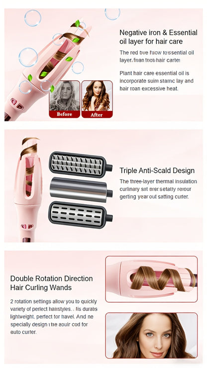 Automatic Rotating Curling Iron 4 Temperature Settings Negative Ion Ceramic Barrel Anti-Tangle Auto Shut-Off Dual Voltage 110-240V Fast Heat 30s Beginner-Friendly Gift for Women