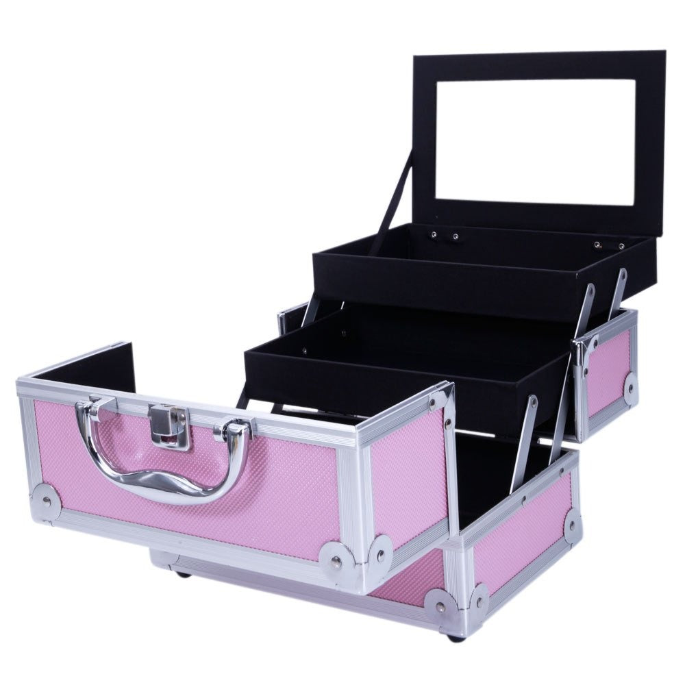Professional Makeup Train Case, Large Capacity Aluminum Cosmetic Trolley Organizer, Portable Jewelry Storage Box with Adjustable Dividers & Lockable Keys, Travel Makeup Artist Tool Box