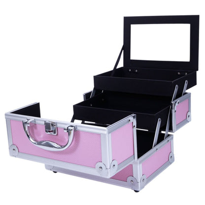 Makeup Train Case with Wheels - Large Aluminum Cosmetic Trolley Organizer, Lockable Travel Makeup Artist Box with Adjustable Dividers, Black Silver Pink
