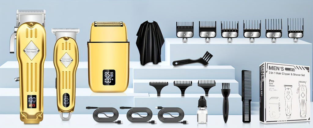 Men's Professional Hair Clipper Combo Set - Foil Shaver, Detail Trimmer, Adjustable Blades - USB Rechargeable, LCD Display, Complete Accessories for Home/Barbershop