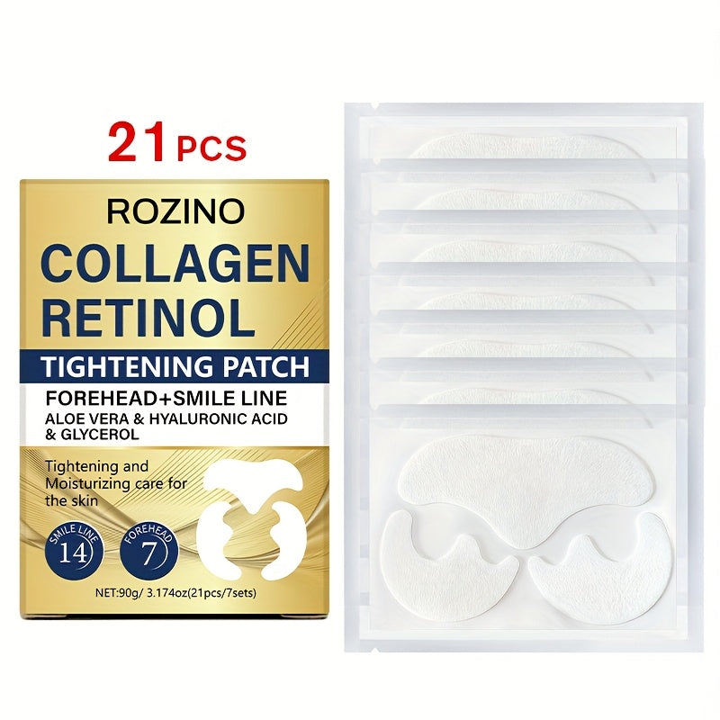 ROZINO 21pcs Collagen & Retinol Face Patches - Target Forehead & Smile Lines with Aloe Vera & Hyaluronic Acid for a Smooth, Happy Glow! Fun 7-Day Care Kit & Perfect Christmas Gift!