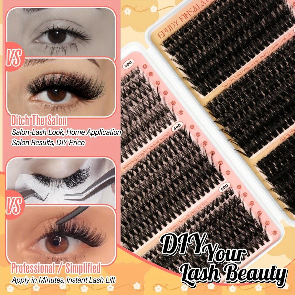 Lash Clusters Kit 708pcs 8-16Mm Mixed 30D-100D Lashes Clusters Kit with Glue, Tweezers And Brush, Mega Volume Cluster Lashes for Natural Or Dramatic Eye Makeup, Soft Reusable Eyelash Clusters Kit for Long Lasting Salon Style Look Easily at Home