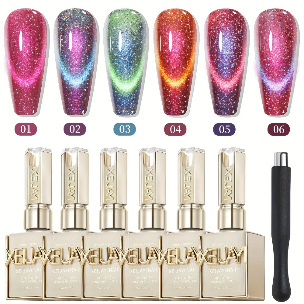 Cat Eye Nail Polish Set 6Colors 0.51oz Reflective Cat'S Eye Nail Gel Soaking LED Gel Salon Female Nail Art Tools Fashion Holographic Nail Art