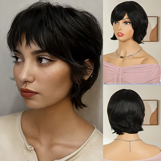 Curly Wavy Short Human Hair Wigs for Women Short Curly Wavy Pixie Cut Bob Wig Human Hair Black Wigs with Bangs Short Bob Human Hair Wigs None Lace Front Wig for Daily Wear & Cosplay Wigs