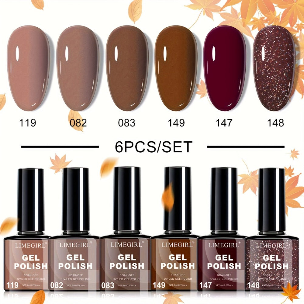 Gel Nail Polish Set 6pcs Hypoallergenic - Fall & Winter Glitter and Solid Colors Soak-Off UV LED Gel, Toxin-Free Long-Lasting Home DIY Nail Art Kit, Gift for Nail Lovers & Christmas